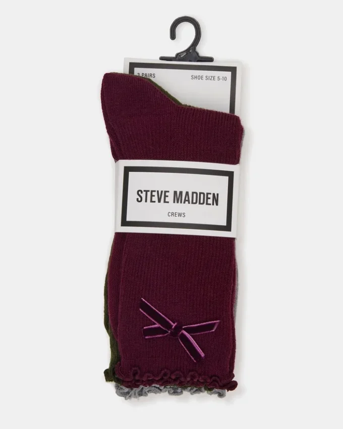 3 Pack Folly Velvet Bow Rib Crew Socks Cherry