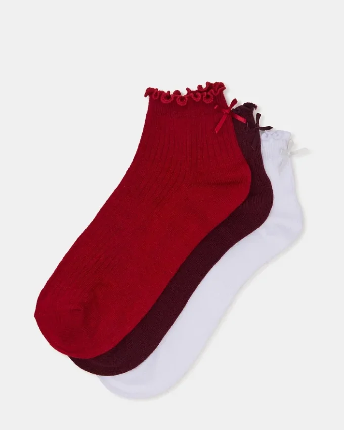 3 Pack Melody Lettuce Edge Bow Socks Red Multi 3 Pack Melody Lettuce Edge Bow Socks Red Multi
