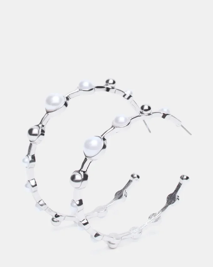 Pearl Hoop Earrings Silver Pearl Hoop Earrings Silver