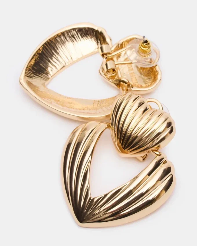 Ribbed Double Heart Earrings Gold Ribbed Double Heart Earrings Gold